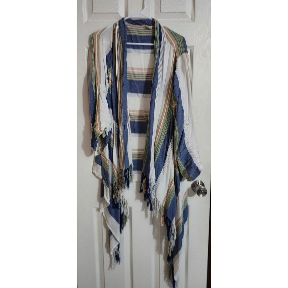 Altard State Womens Striped Fringe Kimono Cardigan Blue Green Orange Large